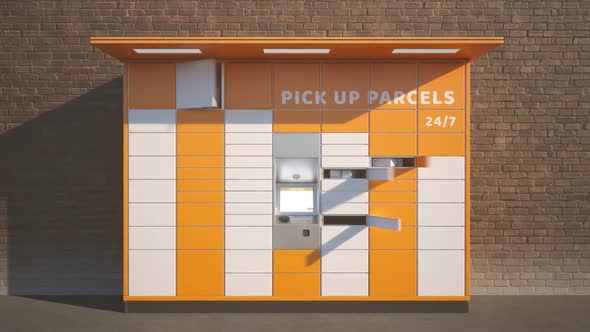 Loopable timelapse animation of the parcel locker. Doors open and close rapidly.