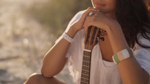 Woman with Ukulele Beach Summer Holiday Vacation