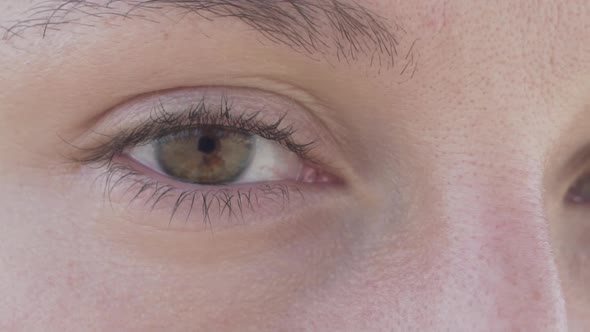 Brown eye without makeup of young woman, close up