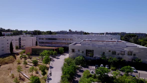 Flying the drone towards some office buildings n Montpellier, France.