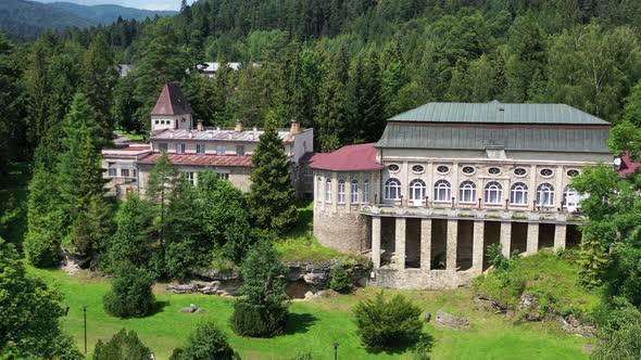 Aerial view of a historic building in the village of Vysne Ruzbachy in Slovakia