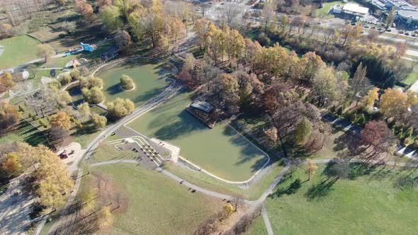 Aerial view of ponds in Lotnikow Park, Krakow, Poland