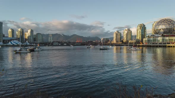 Timelapse of Vancouver sunset skyline Canada Science World centre British Columbia, panoramic of mod
