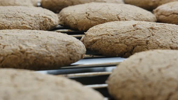 Healthy bread product on baking rack 4K 2160p 30fps UltraHD tilting footage - Close-up of fresh bake