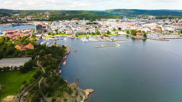 Drone view of Kristiansand and Kvadraturen from Oderoya, Norway