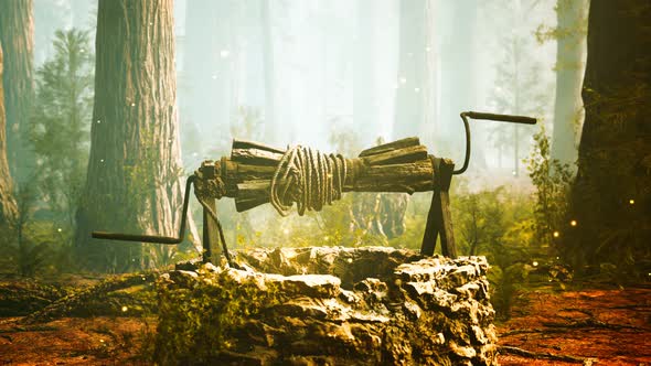 Old Stone Draw Well in the Forest with Fog