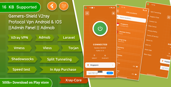 Gamers-Shield V2ray Protocol VPN Flutter App Android & IOS with Admob || In App Purchase