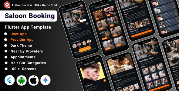 AI-Powered Saloon Appointment Booking Flutter App UI Kit | User App | Provider App | Salon App UI