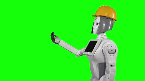 Robot in a Helmet Is Calling To His Workers. Green Screen. Side View