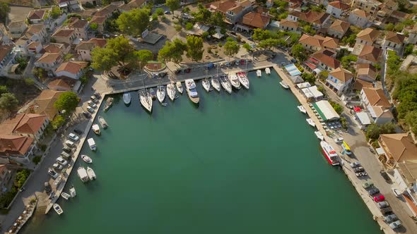 Aerial view of harbor on the coast of mediterranean sea, Greece.