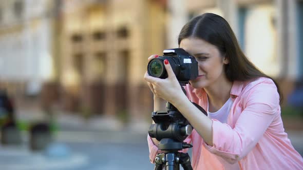 Professional Female Photographer Focusing Camera Objective, Photo Shooting