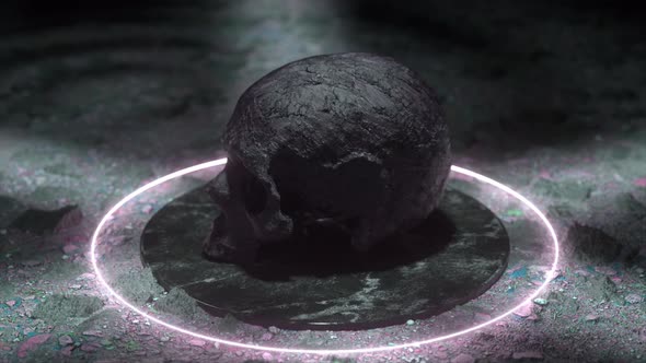 A Stone Skull Flips Over on a Black Marble Platform