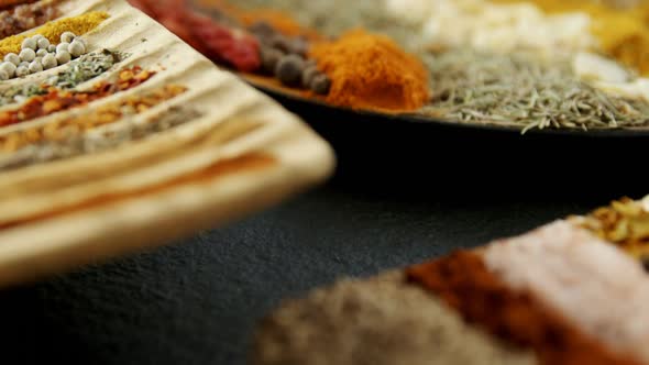 Various spices arranged in tray 4k