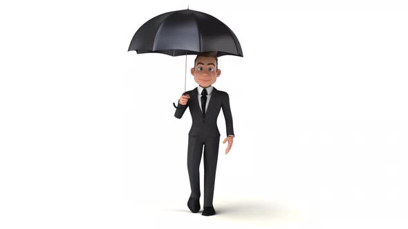 Fun 3D cartoon business man walking with an umbrella