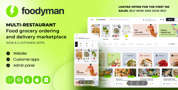 Foodyman - Multi-Restaurant Food Ordering and Delivery Marketplace (Web & Customer Apps)