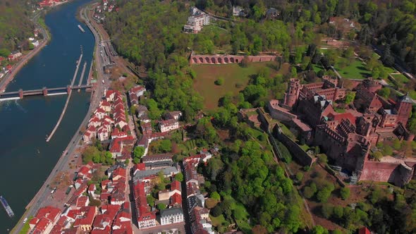 Beautiful top view of the Heidelberg castle and the old part of the city.