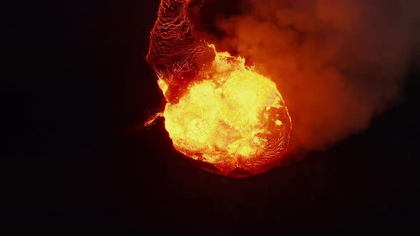 Aerial Birds Eye Overhead Top Down View of Boiling Lava in Volcano Crater