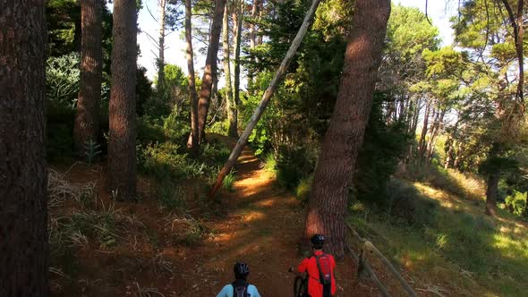 Hiker couple cycling in the forest