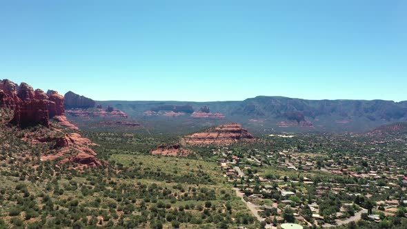 Aerial Panoramic Of Suburbs And Red-Rock Buttes In The Town Of Sedona, Arizona.