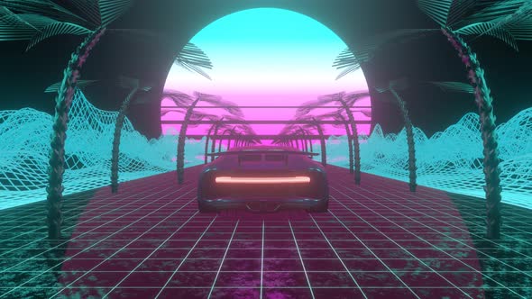 Retro-futuristic landscape with a car moving forward.