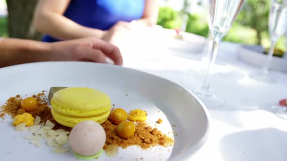 Plates of desserts on the table during lunch