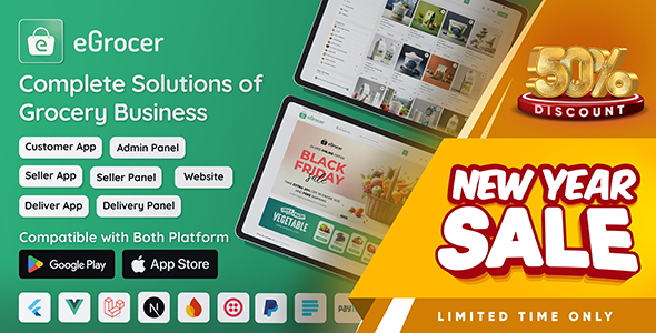 eGrocer - Online Multi Vendor Grocery Store, eCommerce Flutter Full App | Admin Panel | Web Version