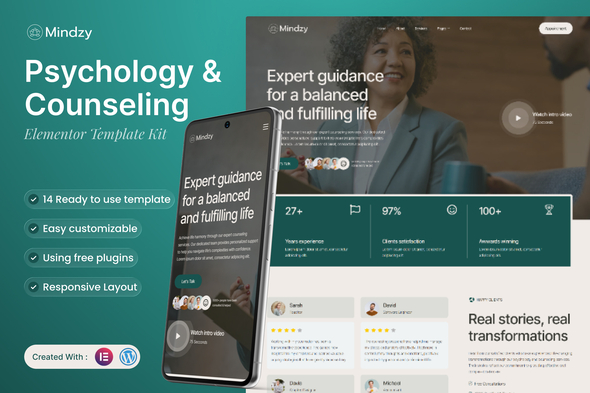 Mindzy - Psychology & Counseling Elementor Template Kit