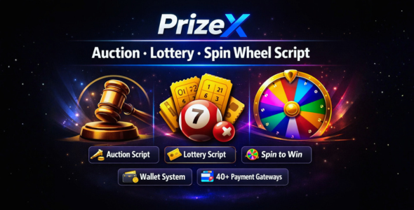 PrizeX – All-in-One Auction, Lottery & Mystery Box Platform (PHP, Wallet, Multi-Vendor, 40+ Gateways