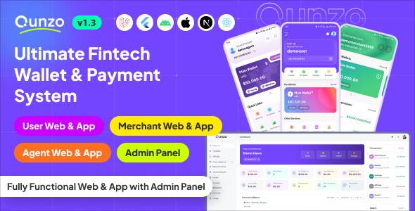 Qunzo – Fintech Wallet App and Web with User, Agent and Merchant Modules Including Admin Panel
