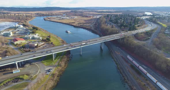 Everett Washington Usa Aerial View Of Interstate 5 Bridge Traffic Crossing Over Snohomish River