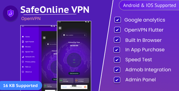SafeOnline OpenVPN Flutter App with Admin Panel, Admob and Browser