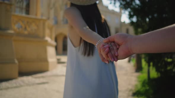 Follow Woman Into Lednice Palace in Czech Town