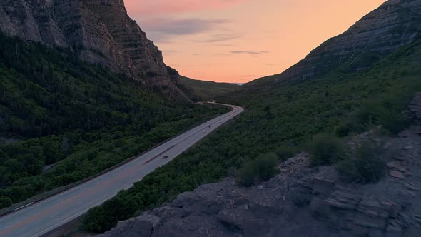 Aerial view of traffic in Provo Canyon at sunset