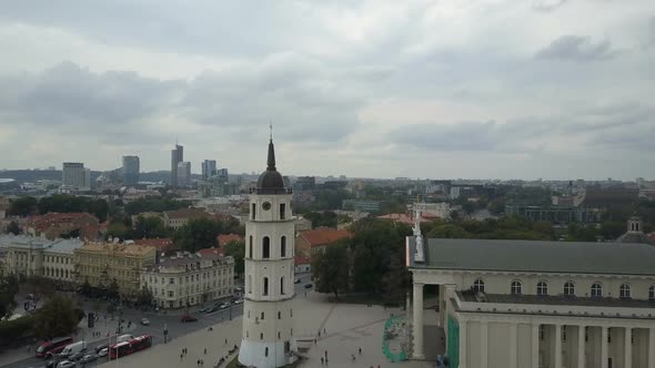 AERIAL View of Bell Tower in Vilnius, Lithuania. Flight Around Varpines Bokstas