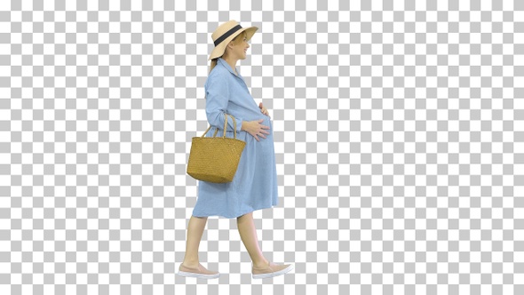 Attractive pregnant woman smiling and walking, Alpha Channel
