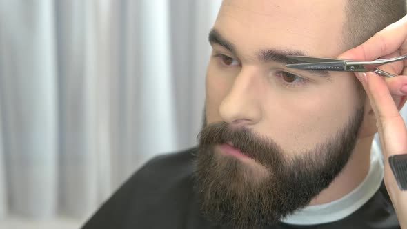 Scissors Cutting Eyebrow of Man