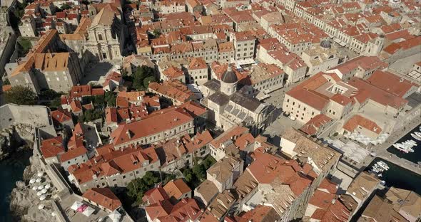 Aerial shot of Dubrovnik Old town in Croatia. the camera passes slowly over Dubrovnik cathedral and