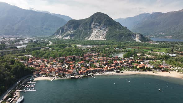 Beautiful Establishing Aerial Drone Shot of  Lago Maggiore Italy