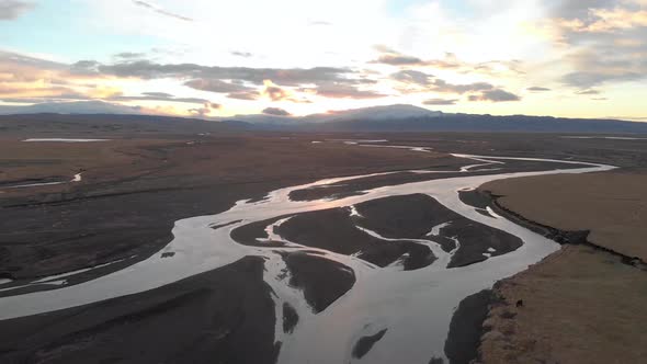 Aerial Shot High Above Icelandic Landscape at Sunrise.