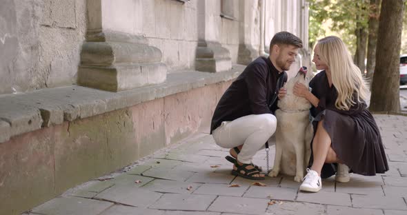 Couple Hugging a Dog at the Autumn City