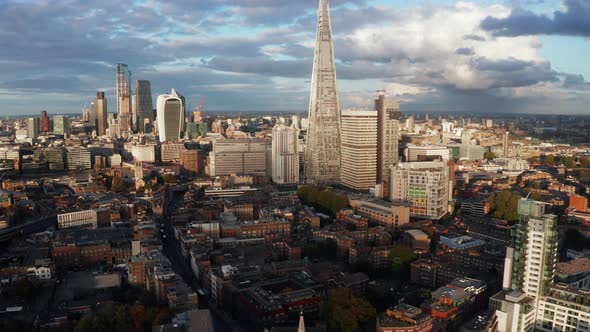 Aerial View of London City Skyline with Shard and Tower Bridge in the Foreground