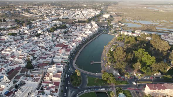 Panoramic view of urban development, lakes and roundabout in Ayamonte