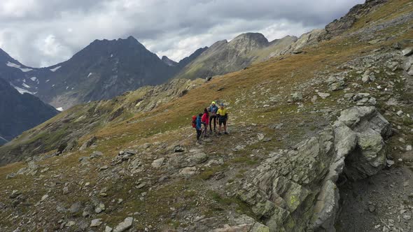 Aerial view; drone flying near hikers group