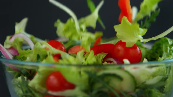 Fresh Salad Flying to Bowl in Super Slow Motion