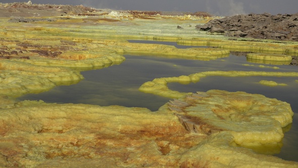 The colorful landscape of lake in Crater of Dallol Volcano. Sulphur pools of mineral in Ethiopia.
