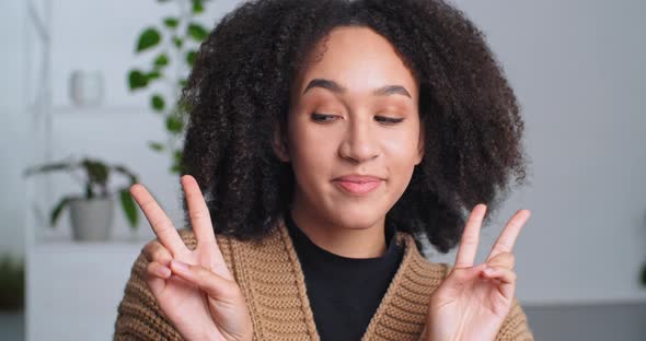 Ethnic Woman with Afro Hairstyle Curls Afroamerican Girl Posing Smiling with White Teeth Looking at