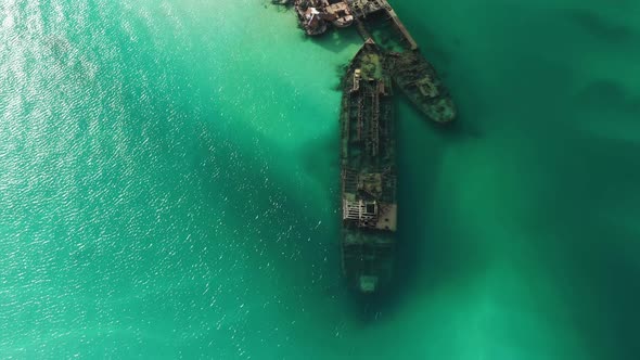 Fly over Moreton Island ship wrecks, beautiful clear water, Queensland Australia