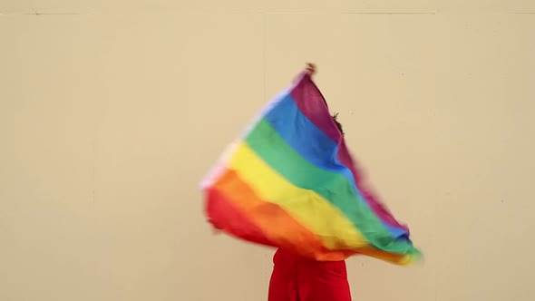 Stylish black woman with LGBTQ flag on light background