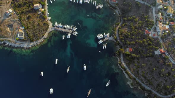 Aerial view of group of boats anchored in the mediterranean sea, Kastos island.