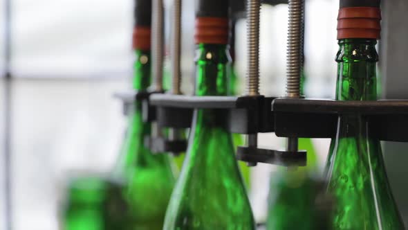 Beer Production. Conveyor Line With Bottles At Brewery Closeup